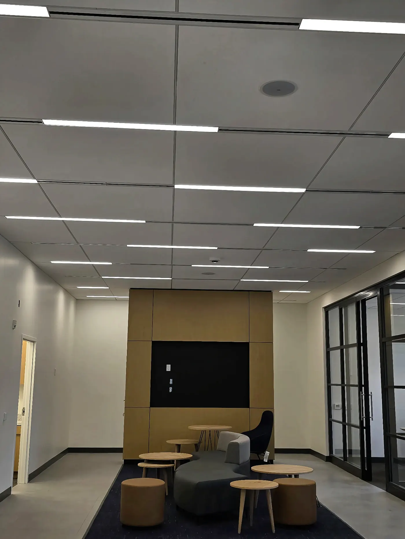 Linear LED Lounge Lighting — Continuous linear LED runs integrated into a grid ceiling above a wood-paneled lounge.